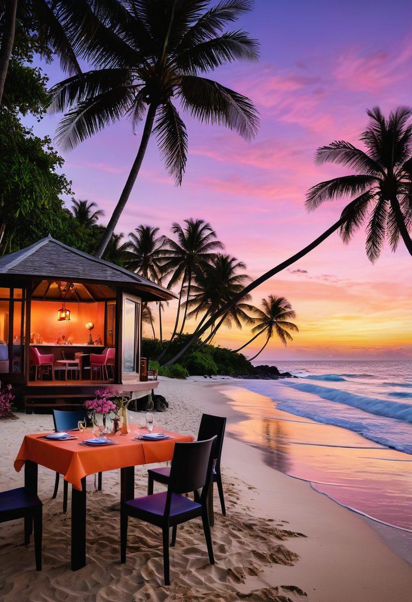 A serene beach scene blending ocean adventures with luxury retreats, featuring surfers riding vibrant waves on one side and a luxurious cabana with palm trees and exotic cocktails on the other. Incorporate adventurous elements like snorkeling gear and a rainbow of marine life. The sky above should be a gradient of sunset colors, symbolizing joy and relaxation. vibrant colors. super-realistic.