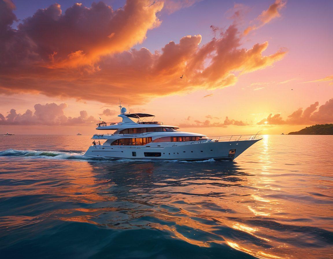 A serene sunset over a tranquil ocean, with a family and a couple joyfully enjoying a cruise on a luxurious yacht, surrounded by playful dolphins and colorful tropical fish. The sky is painted in warm hues of orange and pink, reflecting on the water's surface, creating a romantic and joyful atmosphere. super-realistic. vibrant colors. 3D.
