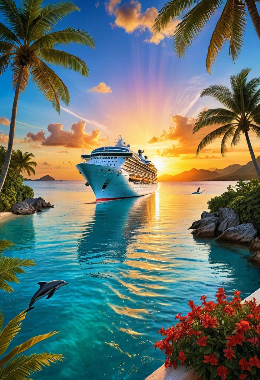 A vibrant and inviting cruise ship sailing through crystal-clear turquoise waters, surrounded by lush tropical islands. Joyful passengers of diverse backgrounds enjoying the sun on deck, sipping colorful cocktails. A radiant sunset casts warm hues across the sky, reflecting on the water. Playful dolphins can be seen jumping alongside the ship, embodying the spirit of adventure and happiness. super-realistic. vibrant colors. 3D.
